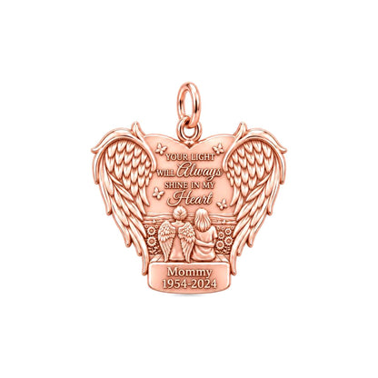 Eternal Light Angel Wings Charm Bracelet – Personalized Memorial Gift – rose gold 3 cm charm, front view