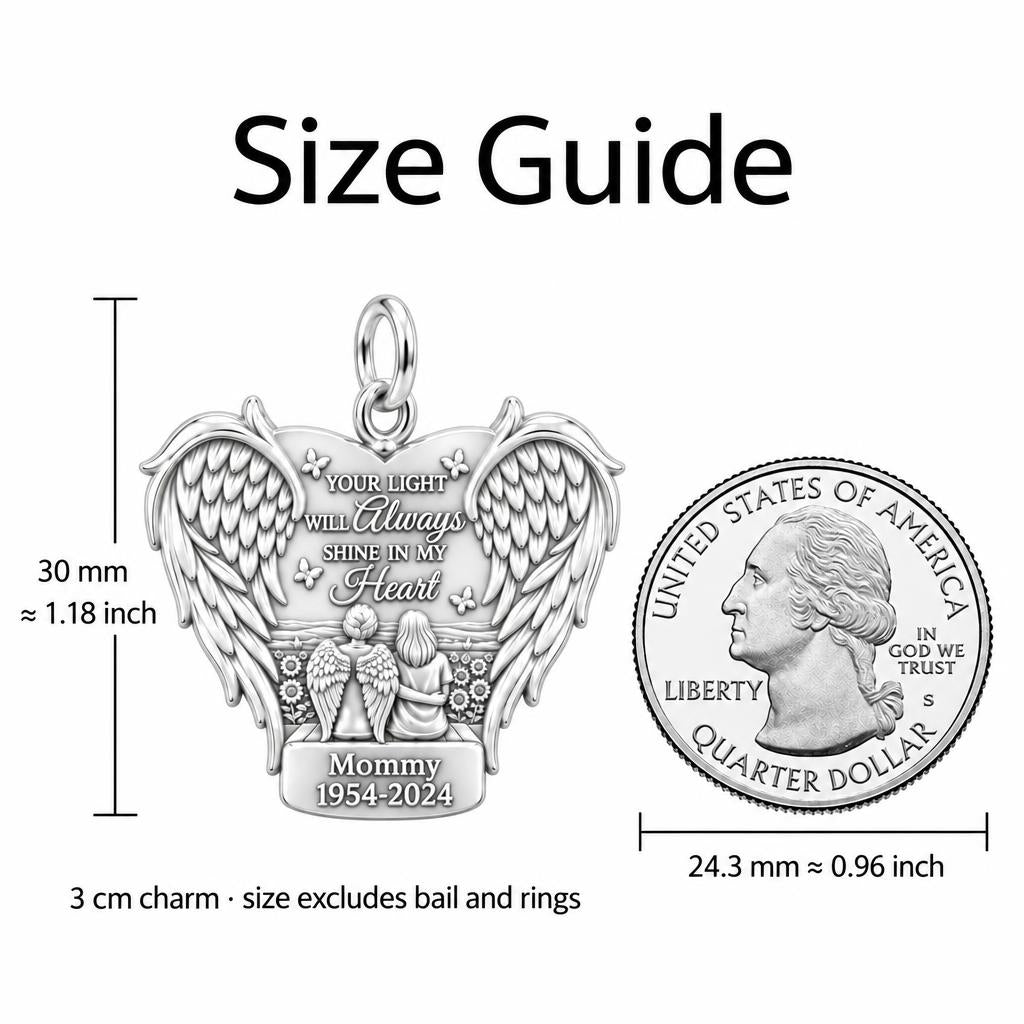 Eternal Light Angel Wings Charm Bracelet – Personalized Memorial Gift – size guide, 3 cm charm next to a quarter