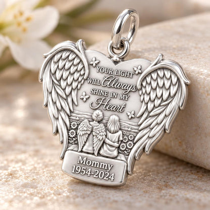 Eternal Light Angel Wings Charm Bracelet – Personalized Memorial Gift – macro detail of the charm