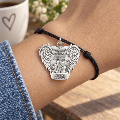 Eternal Light Angel Wings Charm Bracelet – Personalized Memorial Gift – worn on the wrist on a black cord bracelet