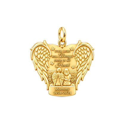 Eternal Light Angel Wings Charm Bracelet – Personalized Memorial Gift – 18K gold plated 3 cm charm, front view