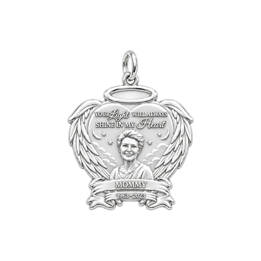 Eternal Light Angel Wings Charm Bracelet – Personalized Mom Gift – silver plated 3 cm charm, front view