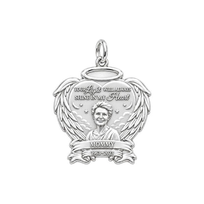 Eternal Light Angel Wings Charm Bracelet – Personalized Mom Gift – silver plated 3 cm charm, front view