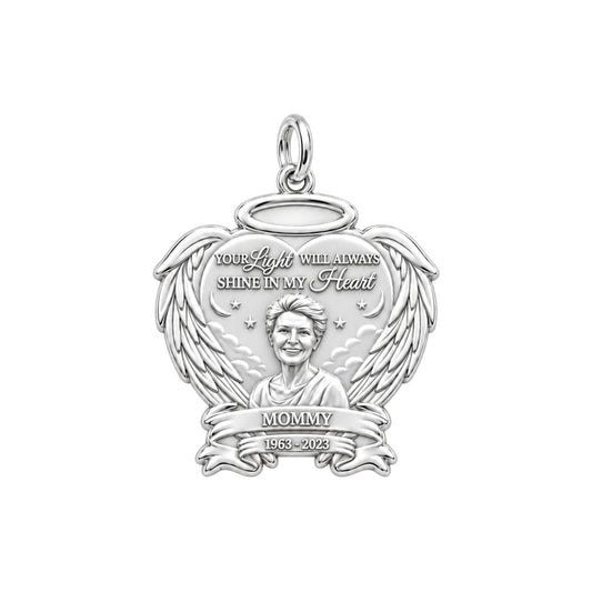 Eternal Light Angel Wings Charm Bracelet – Personalized Mom Gift – silver plated 3 cm charm, front view