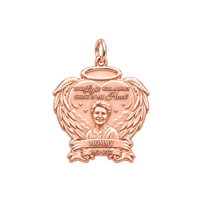 Eternal Light Angel Wings Charm Bracelet – Personalized Mom Gift – rose gold 3 cm charm, front view