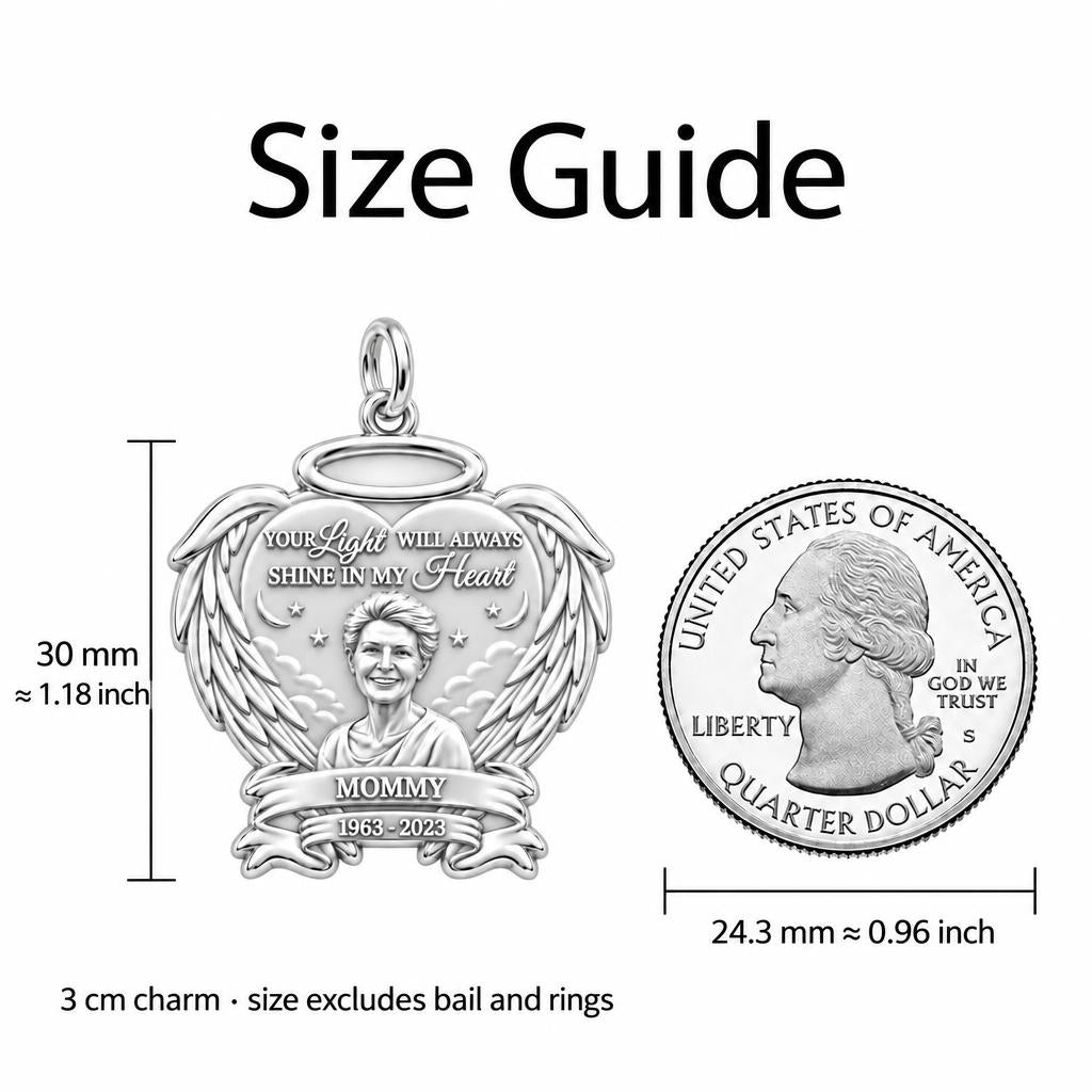 Eternal Light Angel Wings Charm Bracelet – Personalized Mom Gift – size guide, 3 cm charm next to a quarter