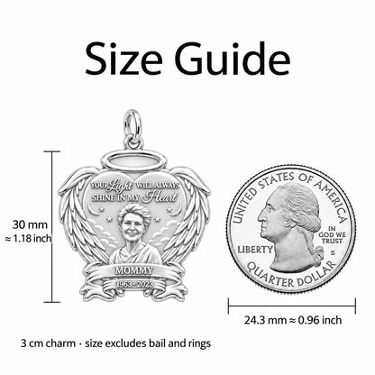Eternal Light Angel Wings Charm Bracelet – Personalized Mom Gift – size guide, 3 cm charm next to a quarter
