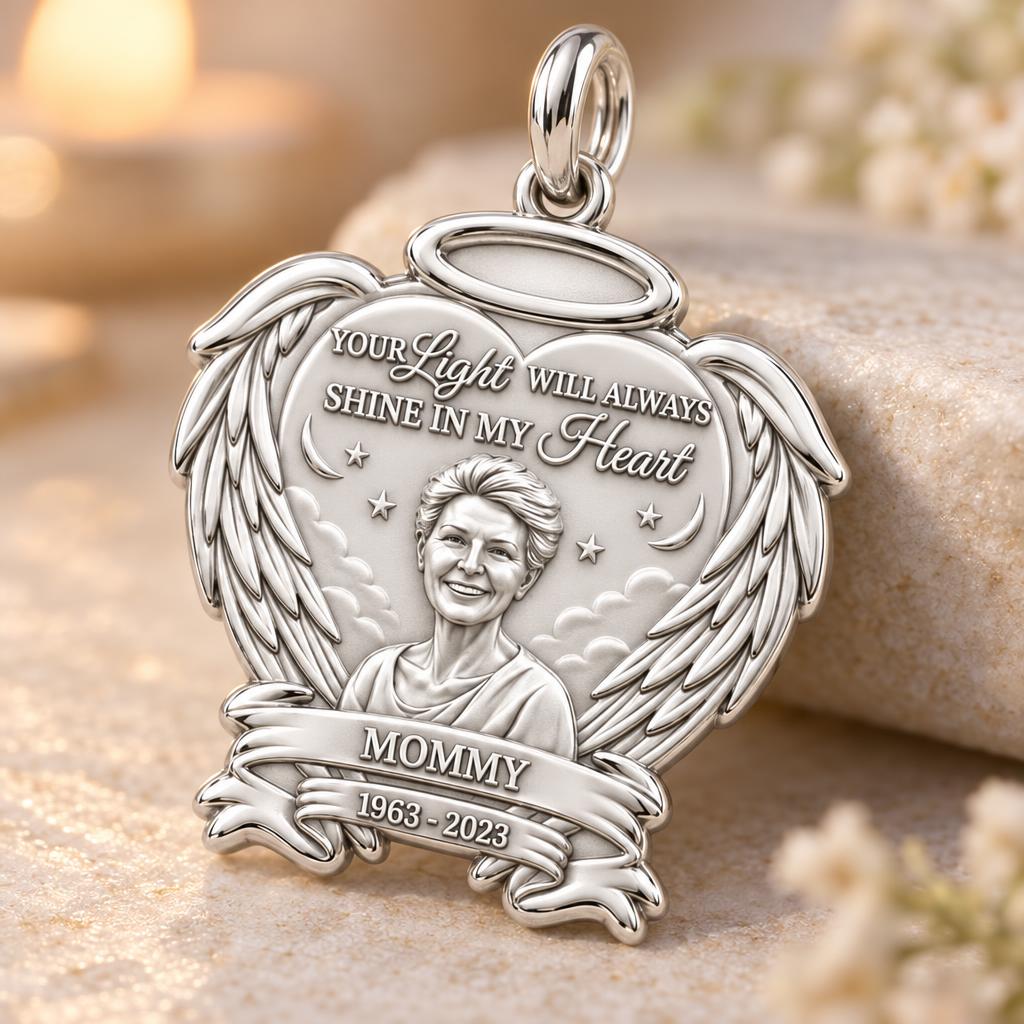 Eternal Light Angel Wings Charm Bracelet – Personalized Mom Gift – macro detail of the charm