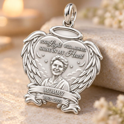 Eternal Light Angel Wings Charm Bracelet – Personalized Mom Gift – macro detail of the charm
