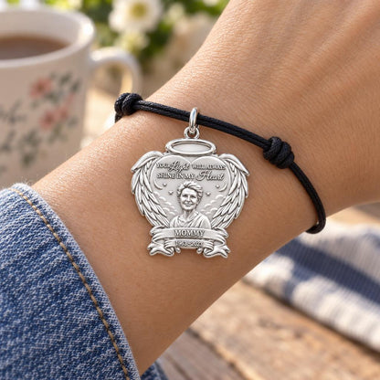Eternal Light Angel Wings Charm Bracelet – Personalized Mom Gift – worn on the wrist on a black cord bracelet