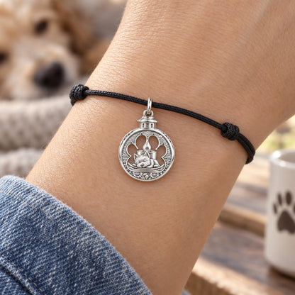 Eternal Light Pet Charm Bracelet – Personalized Dog Mom Gift – worn on the wrist on a black cord bracelet
