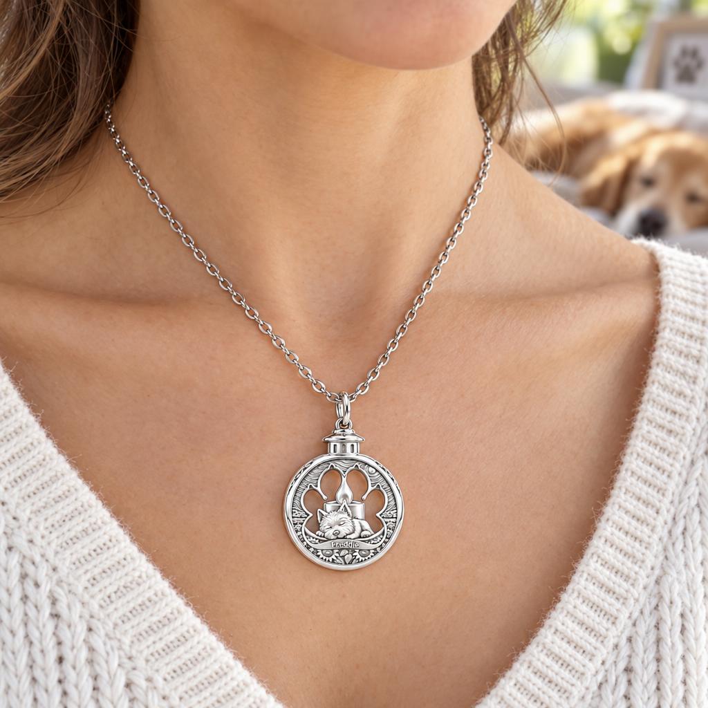 Eternal Light Pet Memorial Charm Necklace Set – worn / in use