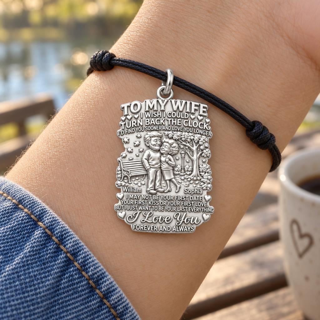 Eternal Love Park Bench Charm Bracelet – Personalized Couple Gift – worn on the wrist on a black cord bracelet