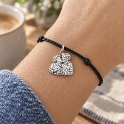 Eternal Love Portrait Charm Bracelet – Personalized Couple Gift – worn on the wrist on a black cord bracelet