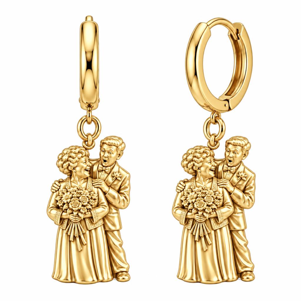 Eternal Love Portrait Huggie Charm Earrings – 18K gold, front view