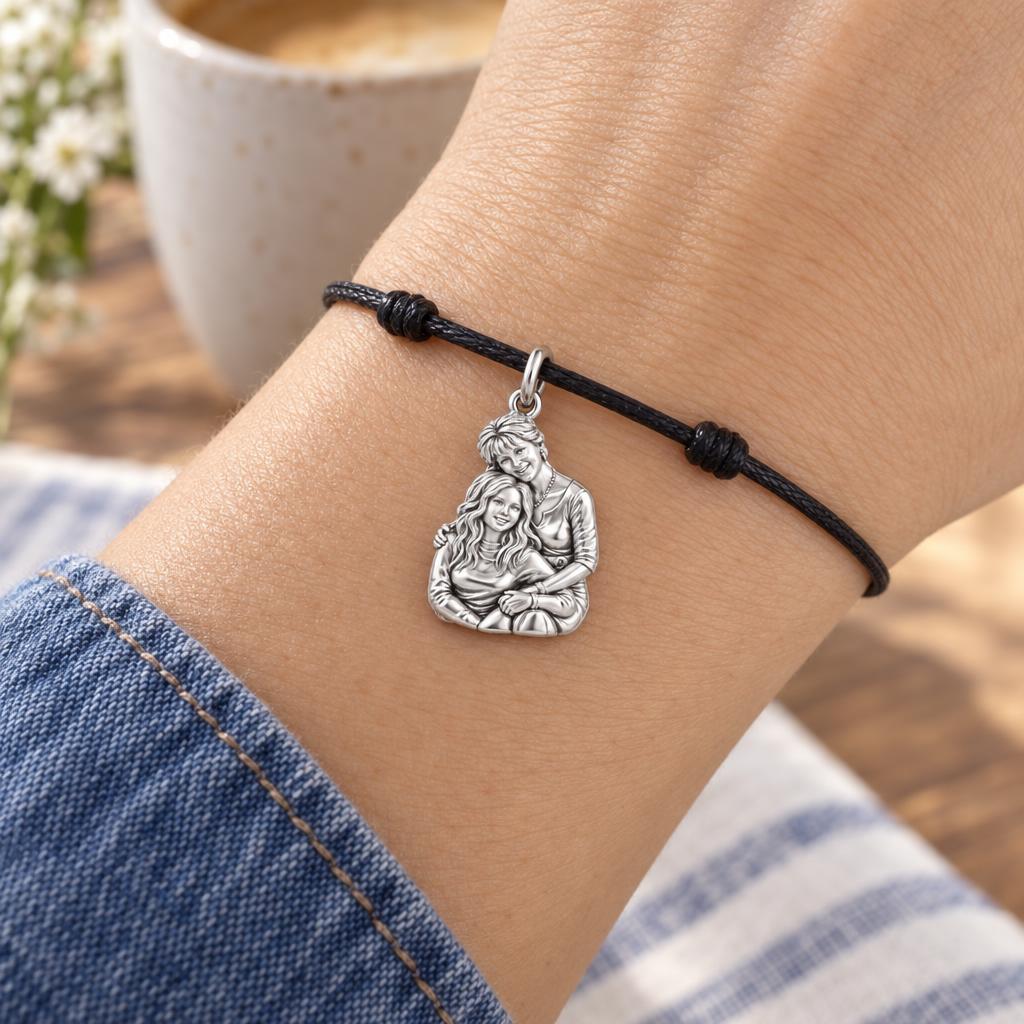 Eternal Motherhood Hug Charm Bracelet – Personalized Mom Gift – worn on the wrist on a black cord bracelet