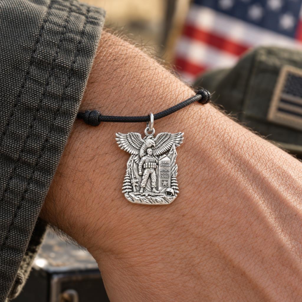 Eternal Oath Veteran Charm Bracelet – Personalized Veteran Gift – worn on the wrist on a black cord bracelet