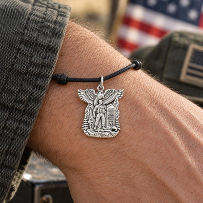 Eternal Oath Veteran Charm Bracelet – Personalized Veteran Gift – worn on the wrist on a black cord bracelet