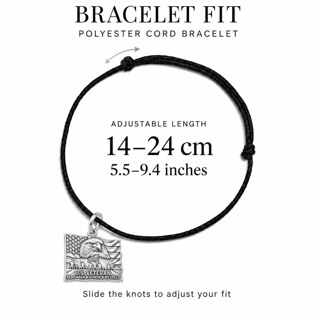 Eternal Patriot Honor Charm Bracelet – Personalized Veteran Gift – adjustable black cord bracelet, 14–24 cm