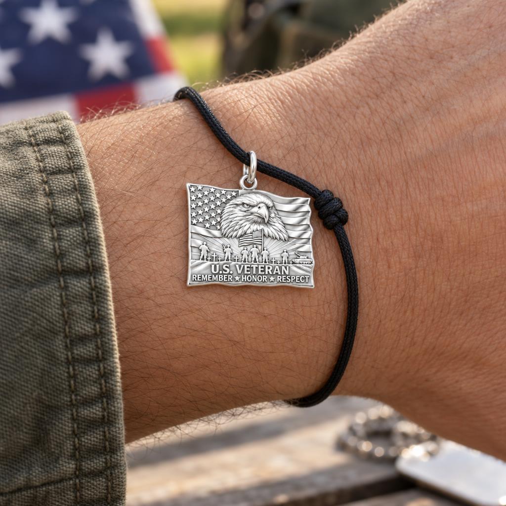 Eternal Patriot Honor Charm Bracelet – Personalized Veteran Gift – worn on the wrist on a black cord bracelet