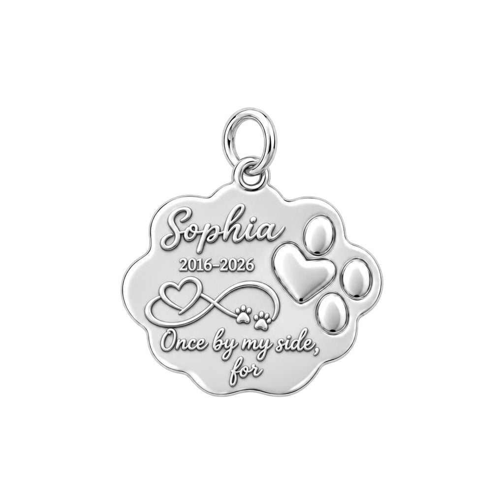 Eternal Paw Print Charm Bracelet – Personalized Dog Mom Gift – silver plated 3 cm charm, front view