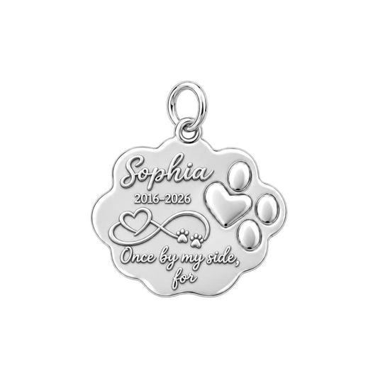 Eternal Paw Print Charm Bracelet – Personalized Dog Mom Gift – silver plated 3 cm charm, front view