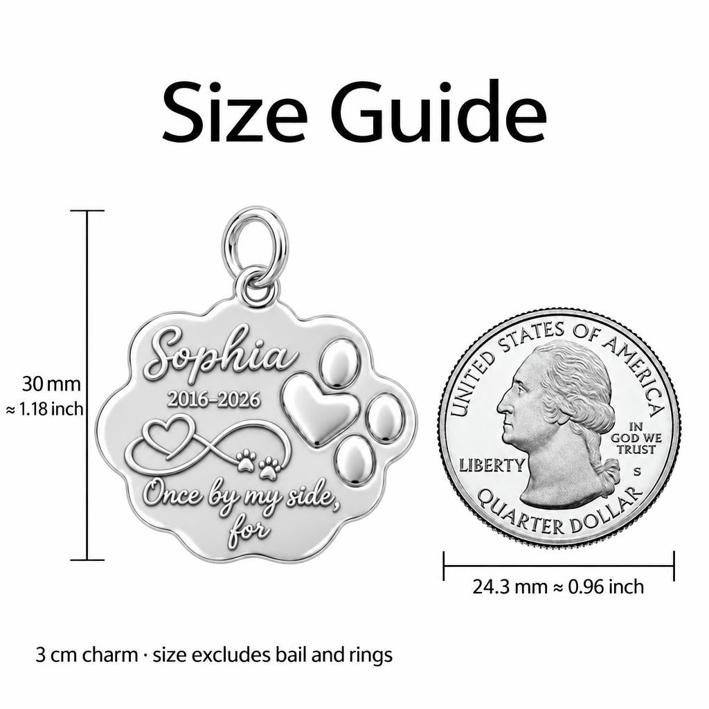 Eternal Paw Print Charm Bracelet – Personalized Dog Mom Gift – size guide, 3 cm charm next to a quarter