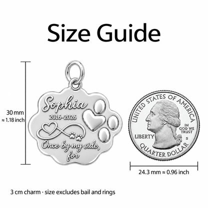 Eternal Paw Print Charm Bracelet – Personalized Dog Mom Gift – size guide, 3 cm charm next to a quarter