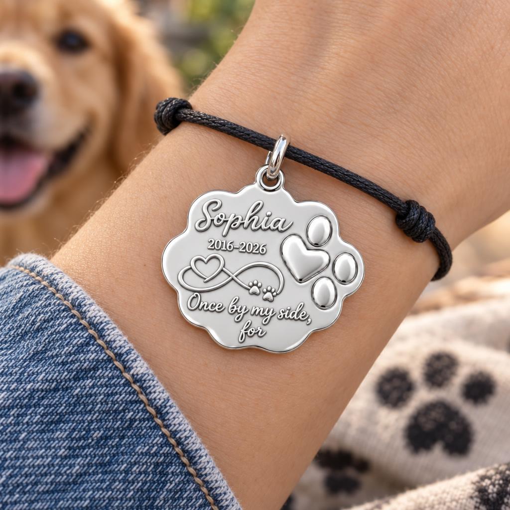 Eternal Paw Print Charm Bracelet – Personalized Dog Mom Gift – worn on the wrist on a black cord bracelet