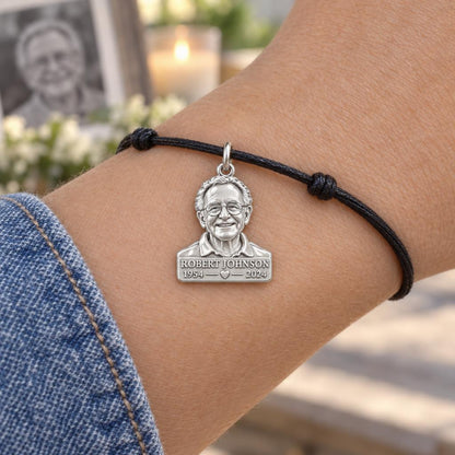 Eternal Portrait Tribute Charm Bracelet – Personalized Memorial Gift – worn on the wrist on a black cord bracelet
