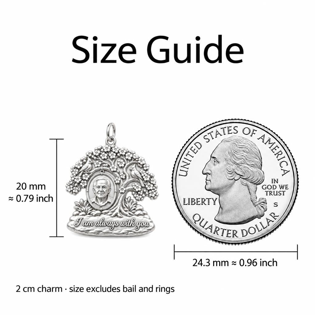 Eternal Presence Tree Charm Bracelet – Personalized Memorial Gift – size guide, 2 cm charm next to a quarter