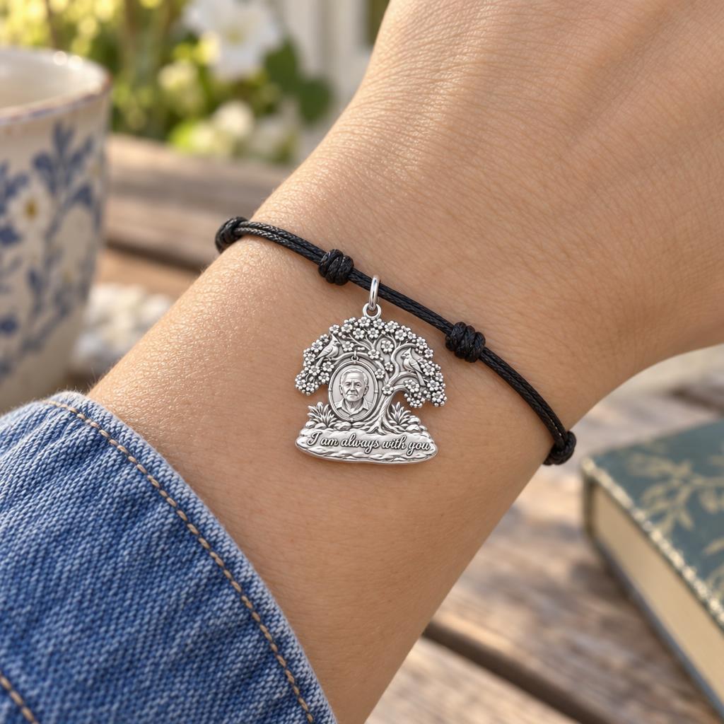 Eternal Presence Tree Charm Bracelet – Personalized Memorial Gift – worn on the wrist on a black cord bracelet