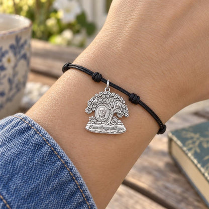 Eternal Presence Tree Charm Bracelet – Personalized Memorial Gift – worn on the wrist on a black cord bracelet