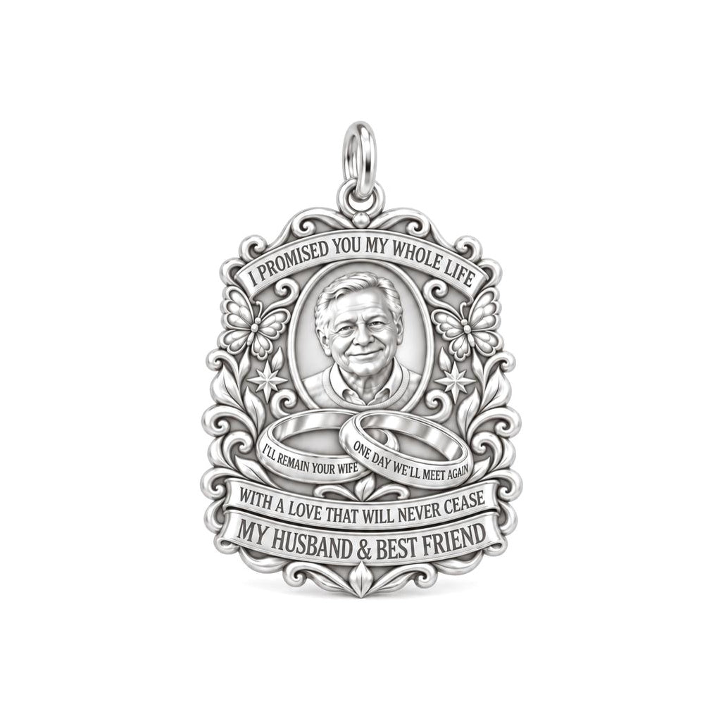 Eternal Promise Charm Bracelet – Personalized Widow Gift – silver plated 2 cm charm, front view