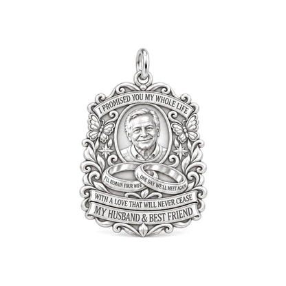 Eternal Promise Charm Bracelet – Personalized Widow Gift – silver plated 2 cm charm, front view