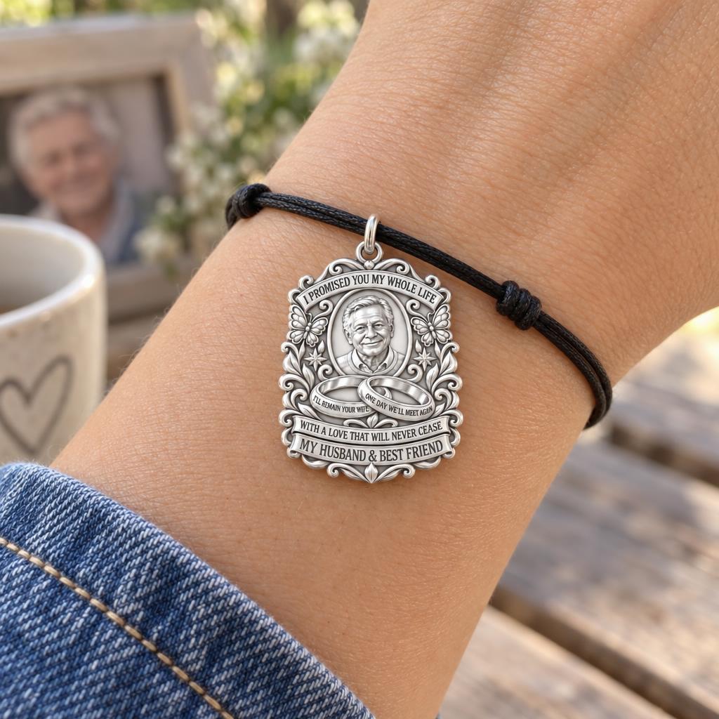 Eternal Promise Charm Bracelet – Personalized Widow Gift – worn on the wrist on a black cord bracelet