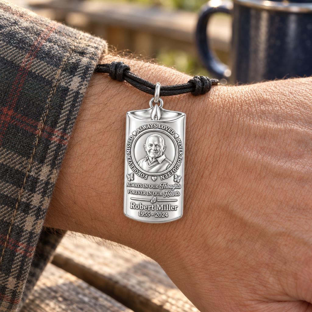Eternal Remembrance Candle Charm Bracelet – Personalized Memorial Gift – worn on the wrist on a black cord bracelet