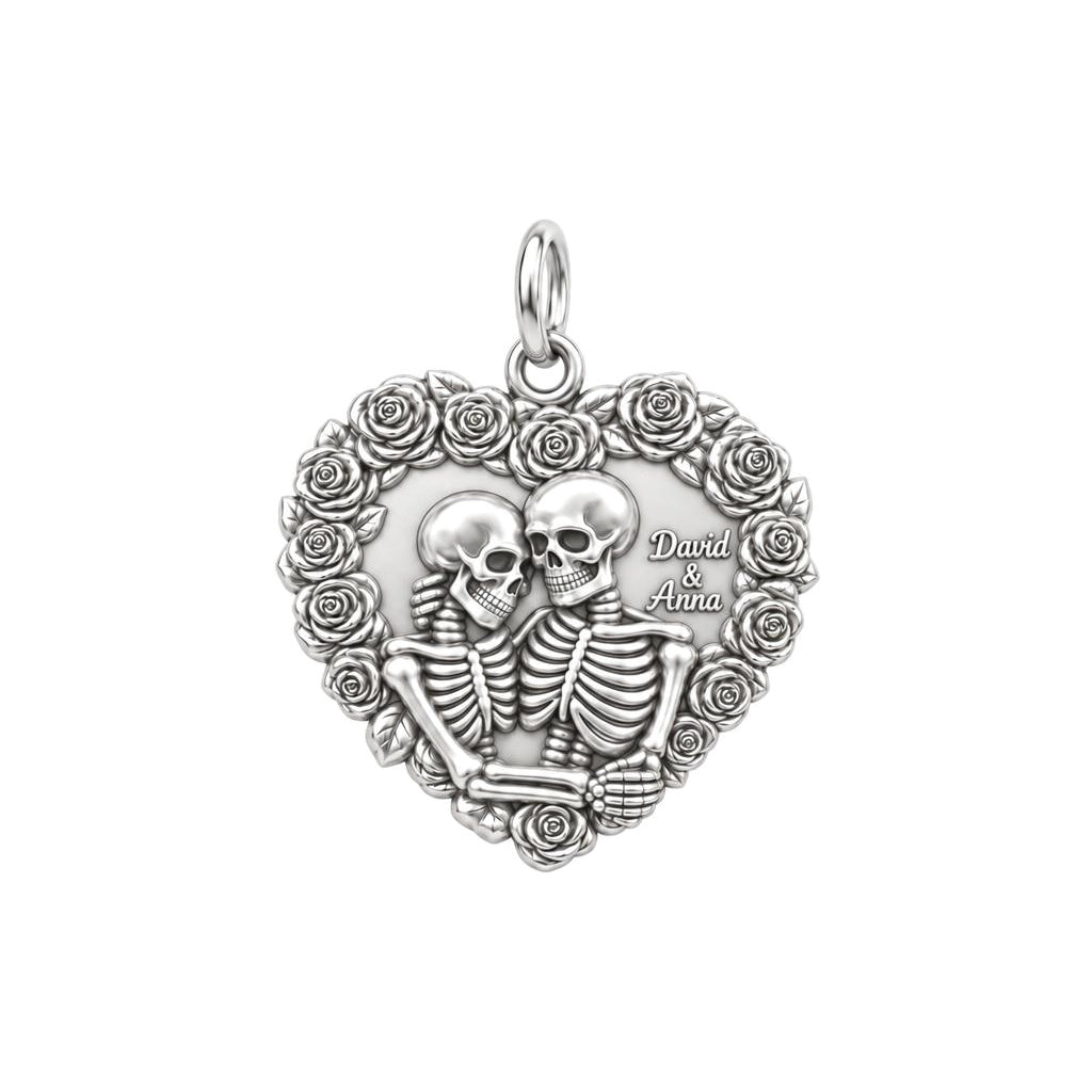 Eternal Rose Skeleton Heart Charm Bracelet – Personalized Couple Gift – silver charm, front view