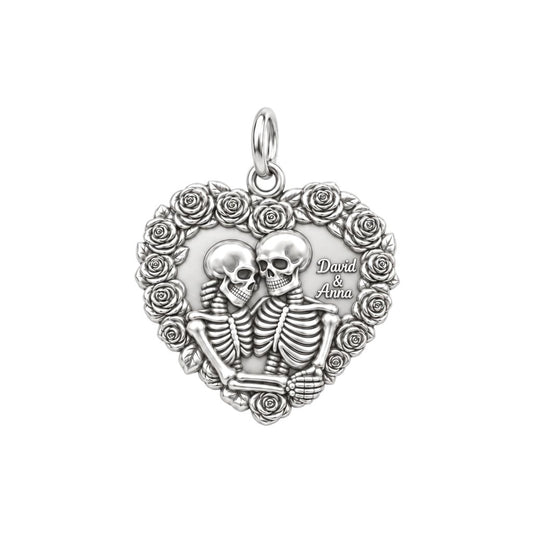 Eternal Rose Skeleton Heart Charm Bracelet – Personalized Couple Gift – silver charm, front view