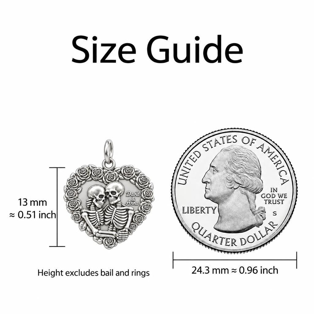 Eternal Rose Skeleton Heart Charm Bracelet – Personalized Couple Gift – size guide, 13 mm charm next to a quarter