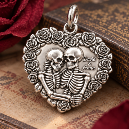 Eternal Rose Skeleton Heart Charm Bracelet – Personalized Couple Gift – worn on the wrist on a black cord bracelet
