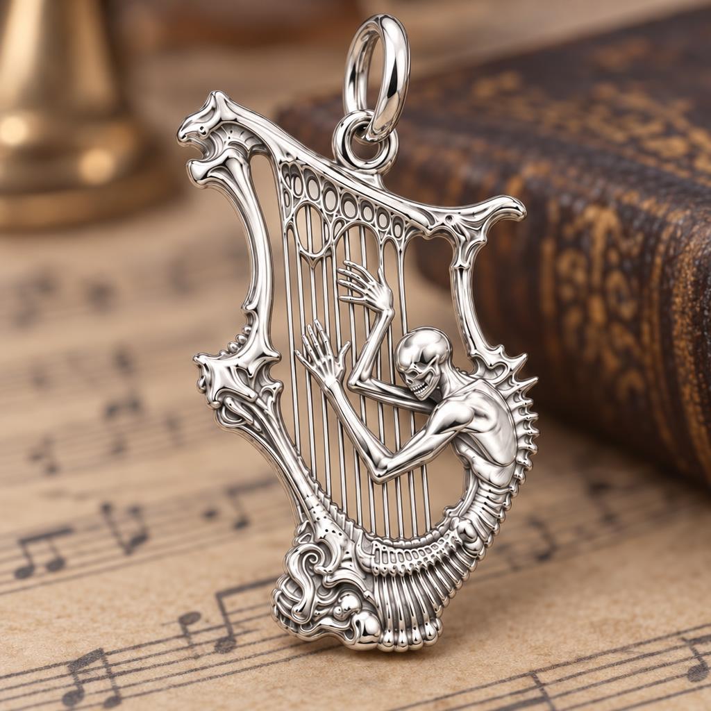 Eternal Skeleton Harpist Charm Bracelet – Personalized Musician Gift – macro detail of the charm
