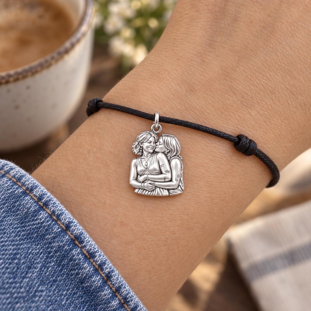 Eternal Soulmate Embrace Charm Bracelet – Personalized Couple Gift – worn on the wrist on a black cord bracelet
