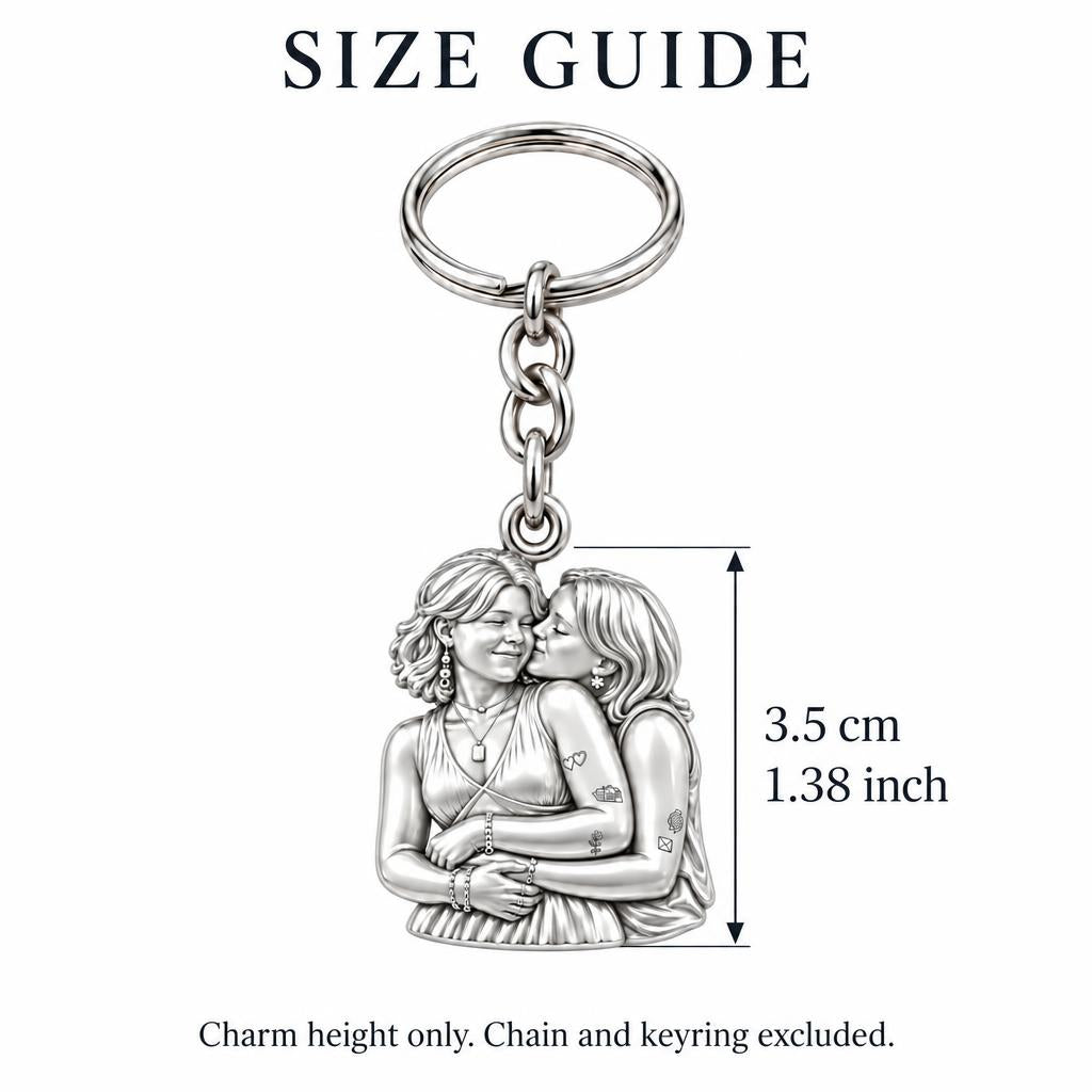 Eternal Soulmate Embrace Charm Keychain – size guide, 3.5 cm (1.38 in) charm, chain and keyring excluded
