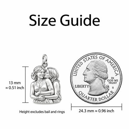 Eternal Soulmate Embrace Charm Necklace Set – size guide, 13 mm charm next to a quarter