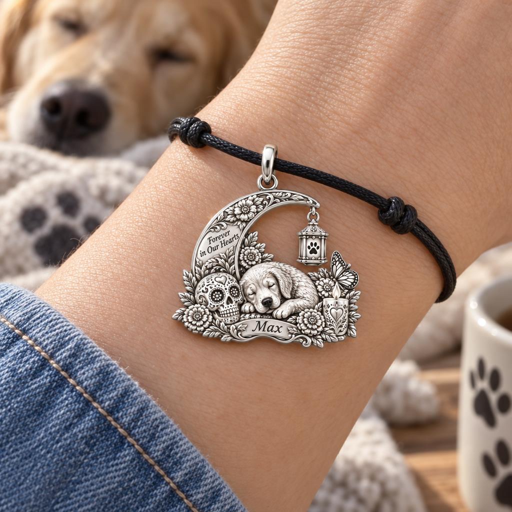 Eternal Spirit Pet Memorial Charm Bracelet – Personalized Dog Mom Gift – worn on the wrist on a black cord bracelet