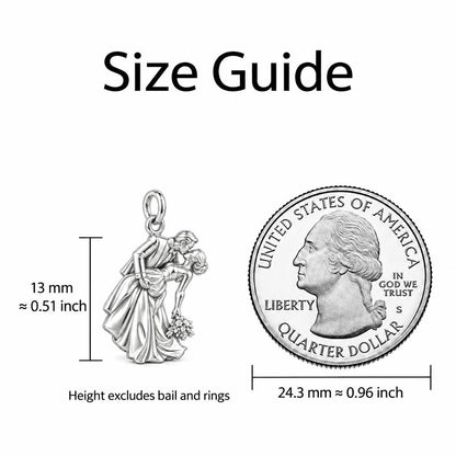 Eternal Wedding Dip Kiss Charm Bracelet – Personalized Couple Gift – size guide, 13 mm charm next to a quarter