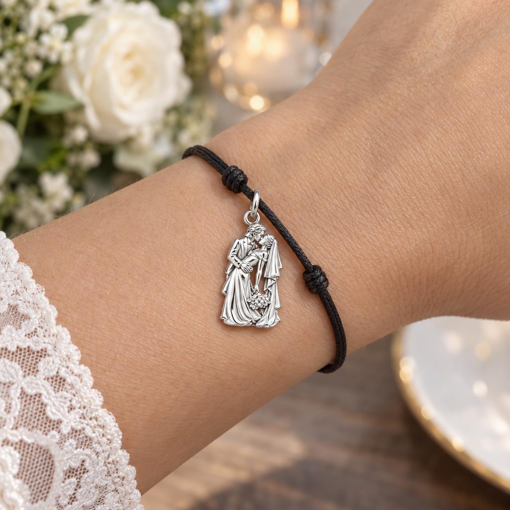 Eternal Wedding Dip Kiss Charm Bracelet – Personalized Couple Gift – worn on the wrist on a black cord bracelet