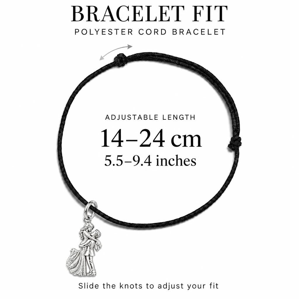 Eternal Wedding Embrace Charm Bracelet – Personalized Couple Gift – adjustable black cord bracelet, 14–24 cm