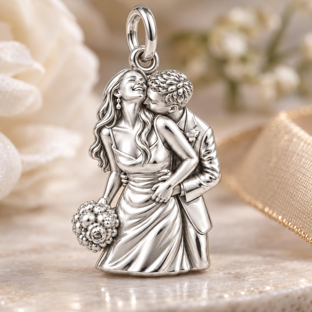 Eternal Wedding Embrace Charm Bracelet – Personalized Couple Gift – macro detail of the charm